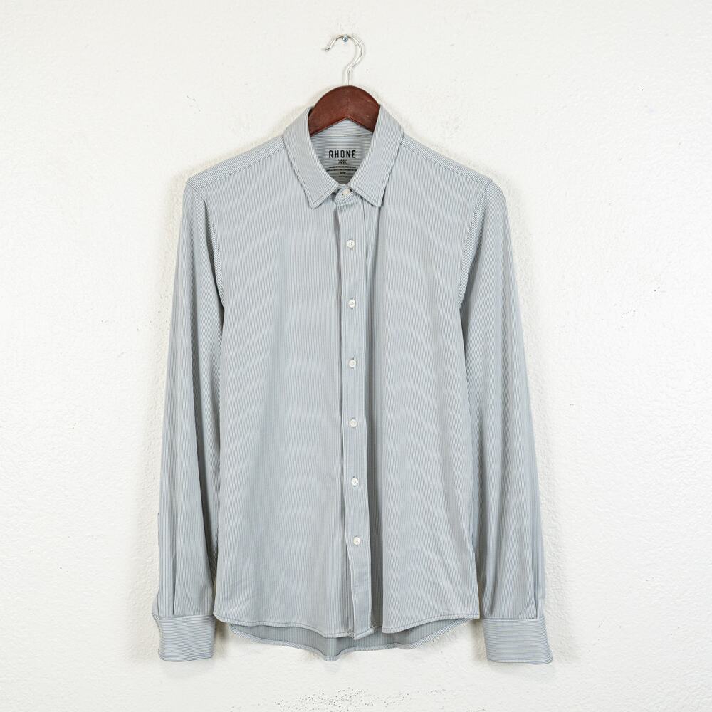 Rhone Men's Commuter Shirt Button up Gray white striped stretch sz Small
